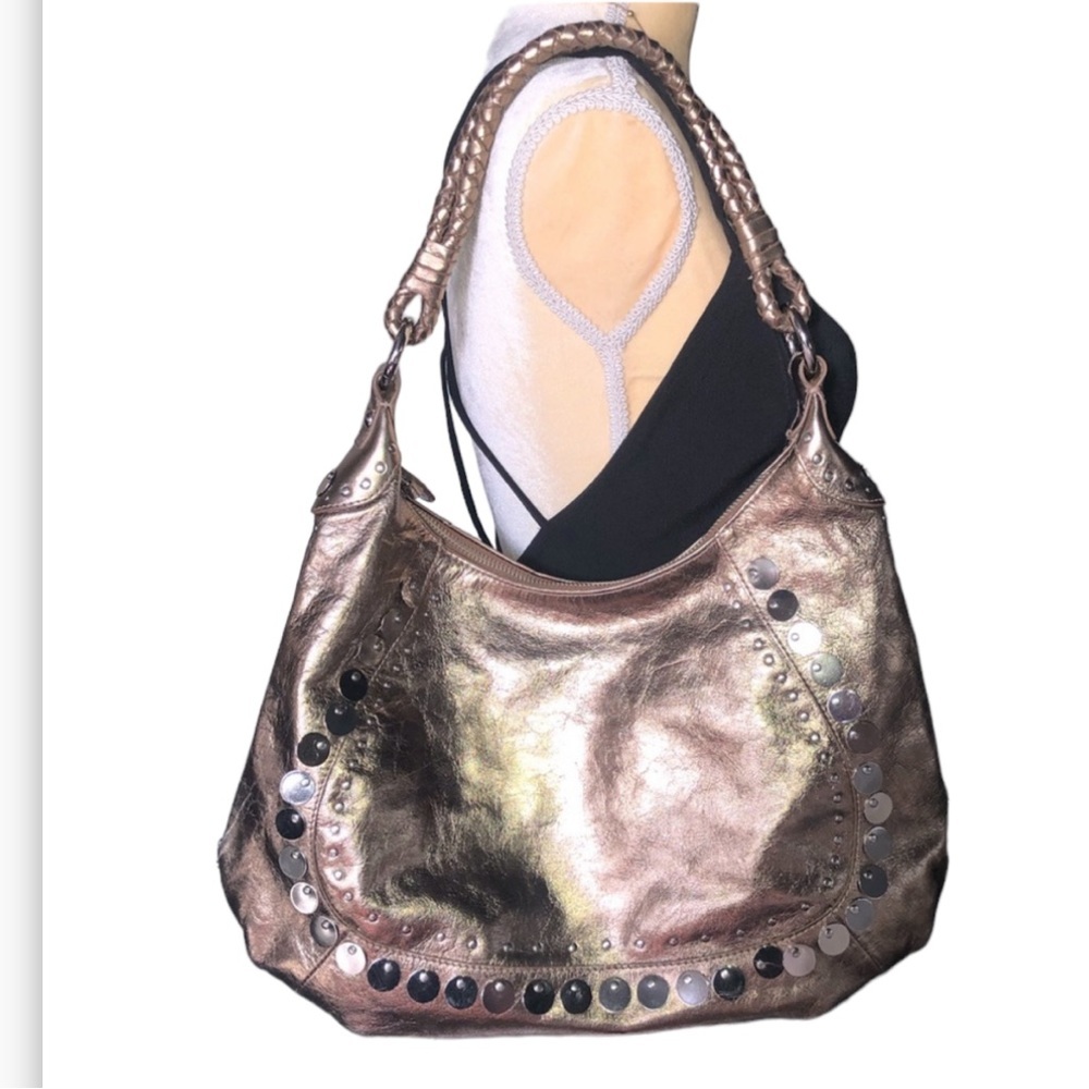 FRANCO SARTO METALLIC COPPER PURSE BRAIDED HANDLE